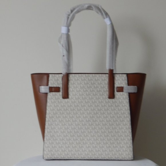 NWT MICHAEL KORS CARMEN MK Monogram LARGE TZ VANILLA BROWN Tote Shoulder Bag… - Picture 5 of 9